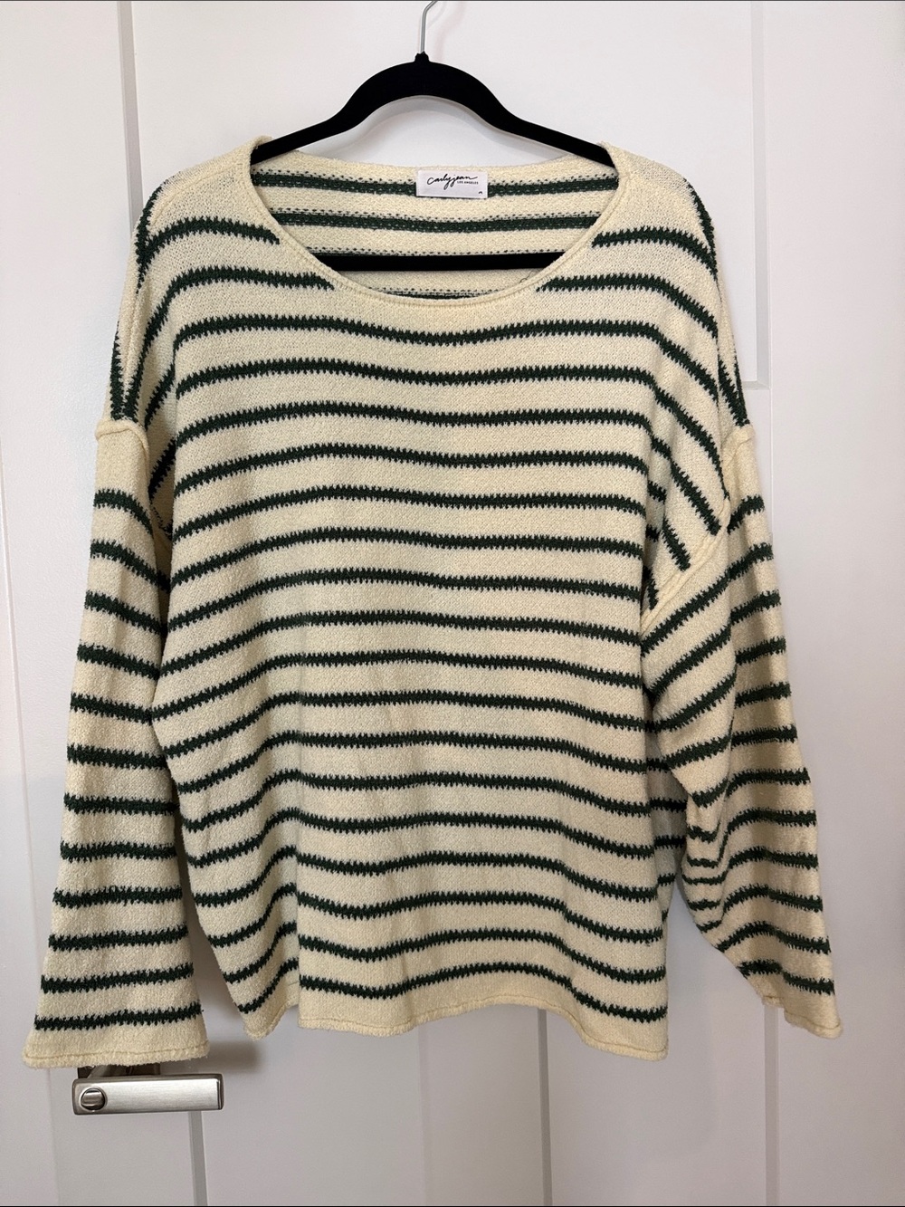 Carly Jean Los Angeles Cream Sweater with Dark Green Stripes